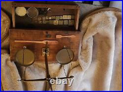 Vintage antique brass balance scale wooden drawer case wood box jeweler pharmacy