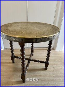 Vintage brass top barley twisted wood leg table Can Deliver 25 Miles From Me