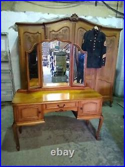 Vintage cherry wood triple mirror French Louis XV carved dressing table