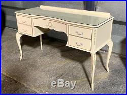 Vintage french louis style dressing table five drawers cream painted glass top