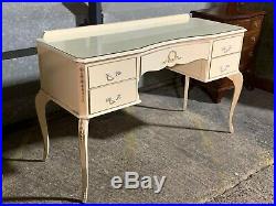Vintage french louis style dressing table five drawers cream painted glass top