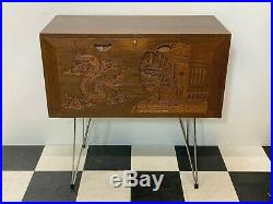 Vintage mid century drawer cabinet, highly carved chinese oriental, hairpin legs