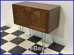 Vintage mid century drawer cabinet, highly carved chinese oriental, hairpin legs