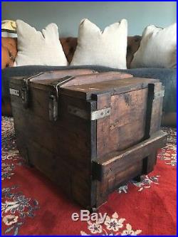 Vintage pine wooden Trunk Chest box Rustic Industrial Coffee table antique