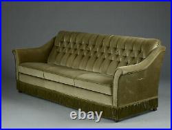 Vintage retro antique Danish Mid Century green velvet 3 seat sofa couch fringe