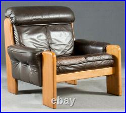 Vintage retro antique Danish brown leather mid century chair solid oak armchair