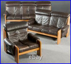 Vintage retro antique Danish brown leather mid century chair solid oak armchair