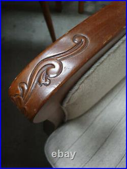 Vintage retro antique mahogany carved Danish chair armchair art deco stripy wool