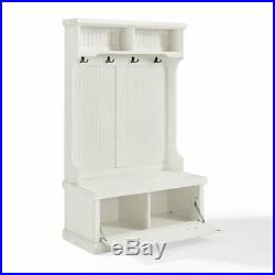 White Finish Wooden Hall Tree Coat Rack Hat Hooks Storage Stand Entryway Bench