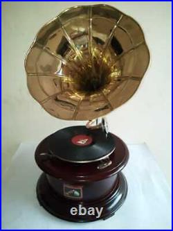 Wood Gramophone Player 78 rpm Round Phonograph Brass Horn HMV Vintage Antique