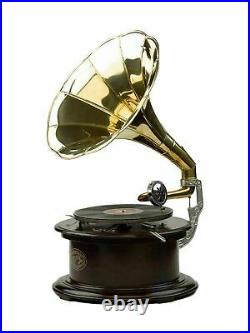 Wood Gramophone Player 78 rpm Round Phonograph Brass Horn HMV Vintage Antique