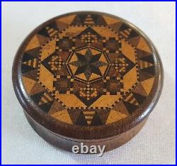 Wood Tunbridge wear vintage Victorian antique small round box & original label