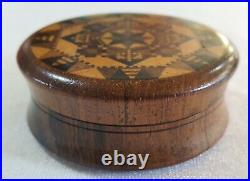 Wood Tunbridge wear vintage Victorian antique small round box & original label